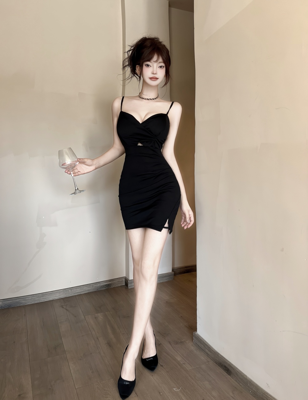 Simple sexy sling short hollow bottoming dress