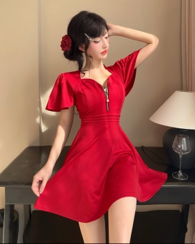 Short sleeve big skirt zip decoration sexy dress