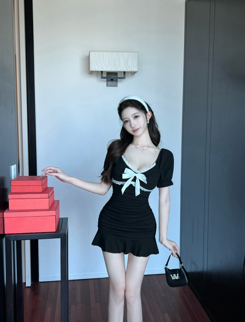 Elasticity package hip bottoming short sleeve cotton dress