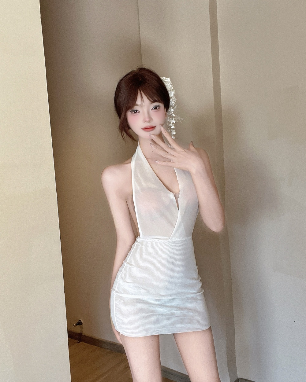 Sexy package hip halter low-cut transparent dress