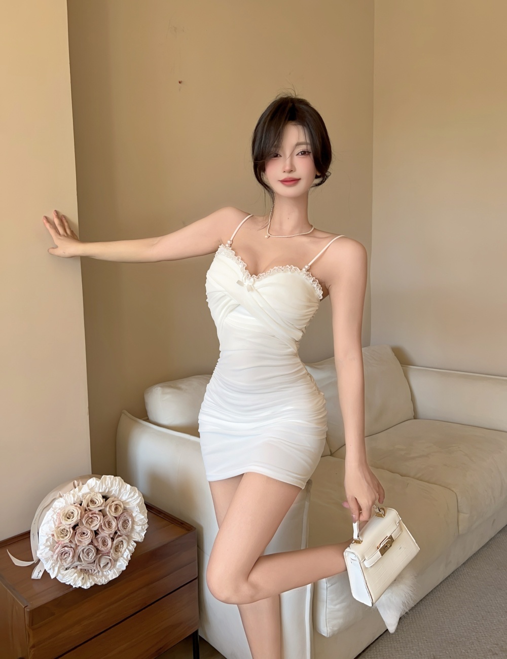 Sling sexy package hip bottoming short gauze dress