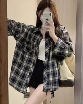 Loose retro shirt long sleeve plaid coat for women