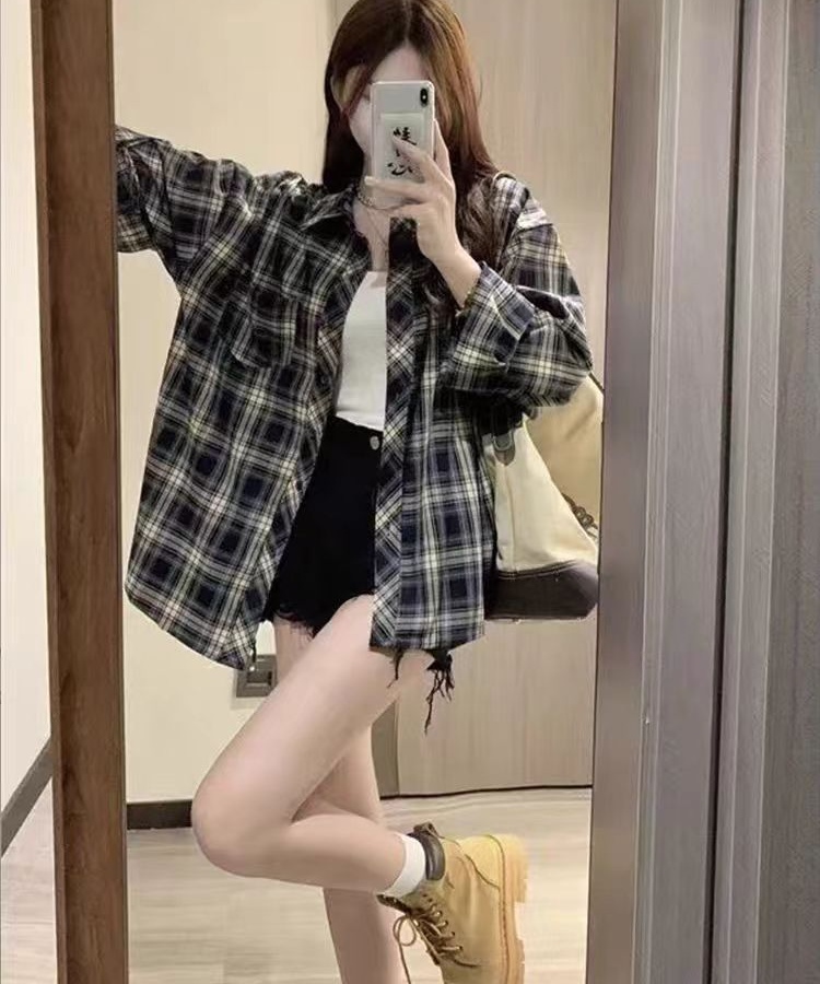 Loose retro shirt long sleeve plaid coat for women