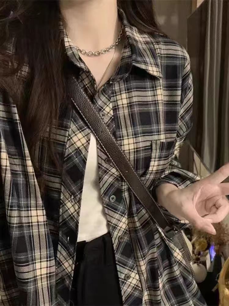 Loose retro shirt long sleeve plaid coat for women