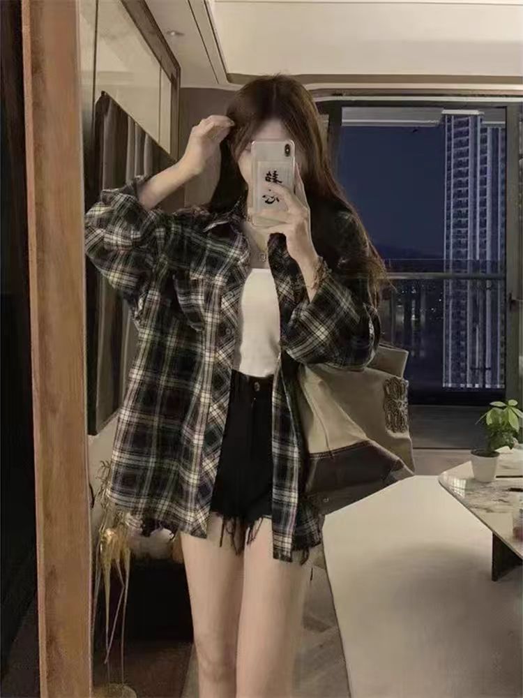 Loose retro shirt long sleeve plaid coat for women