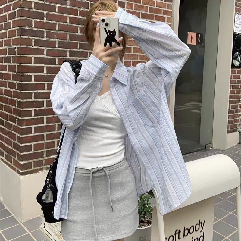 Niche blue stripe shirt sunscreen thin coat for women