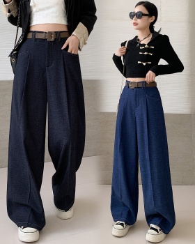 Denim crimp loose wide leg pants blue drape casual pants