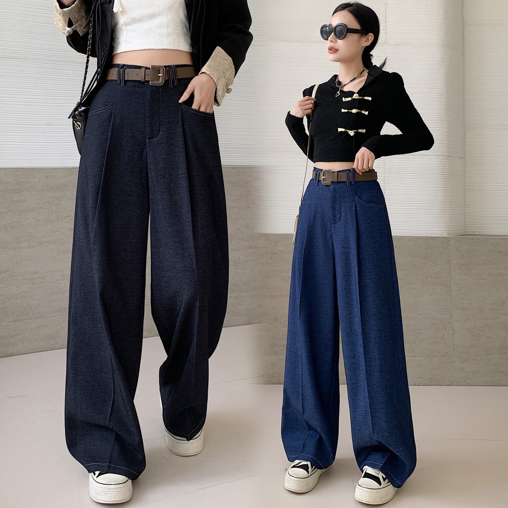 Denim crimp loose wide leg pants blue drape casual pants