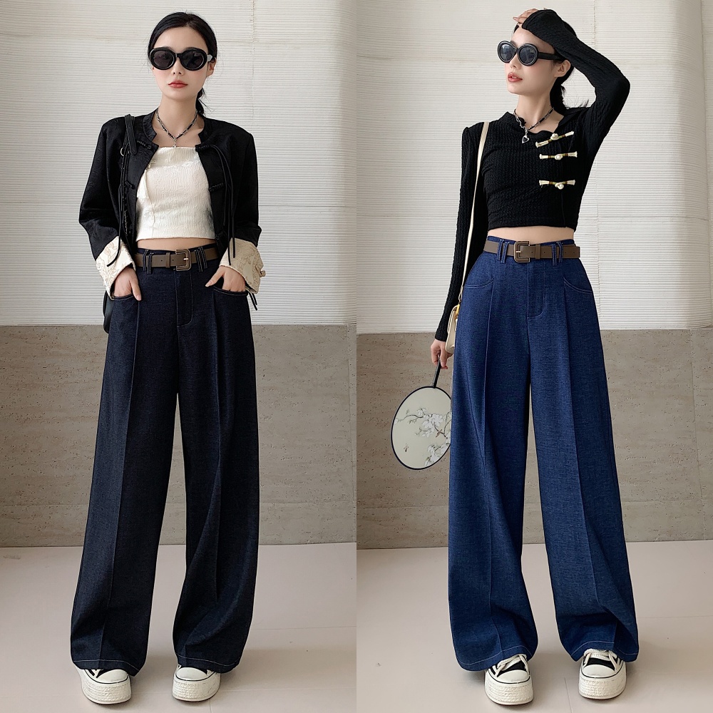 Denim crimp loose wide leg pants blue drape casual pants