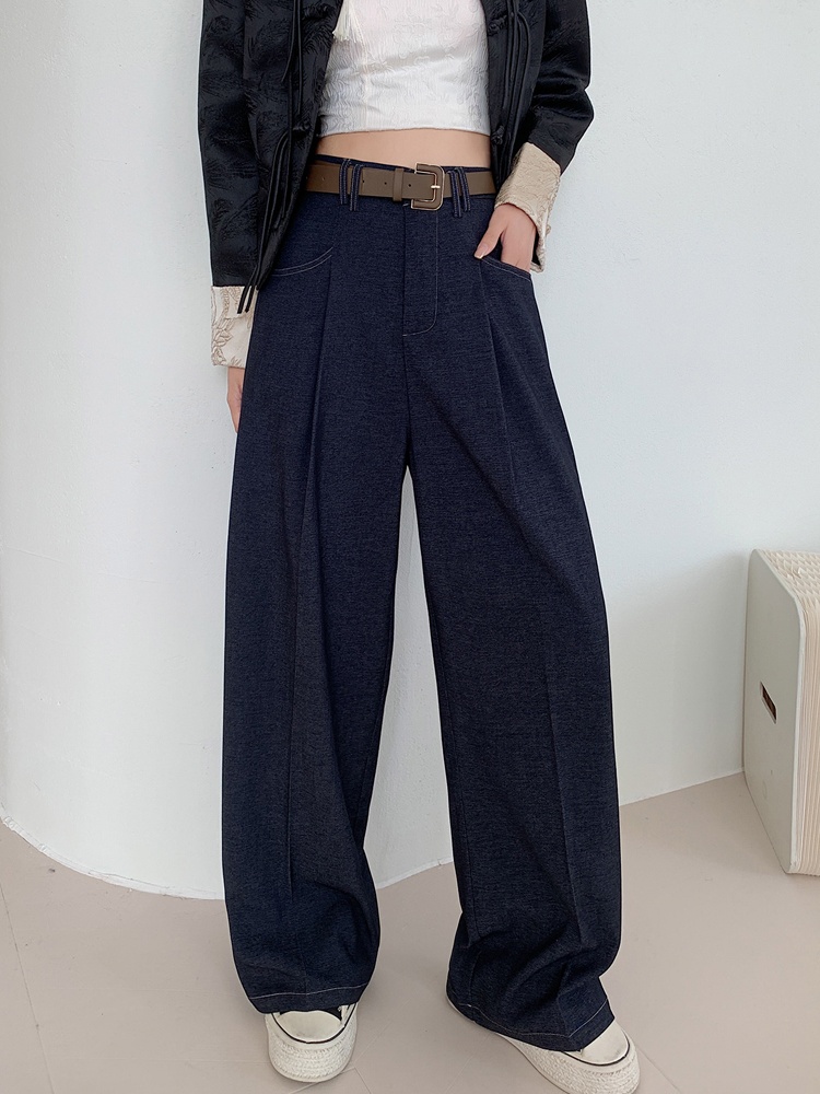 Denim crimp loose wide leg pants blue drape casual pants