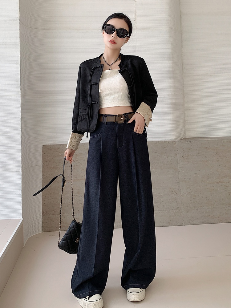 Denim crimp loose wide leg pants blue drape casual pants