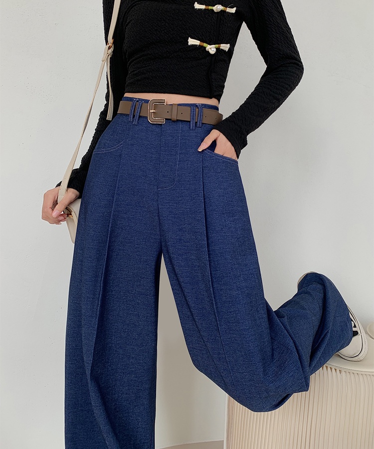 Denim crimp loose wide leg pants blue drape casual pants