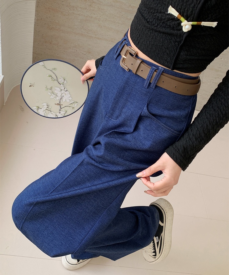 Denim crimp loose wide leg pants blue drape casual pants