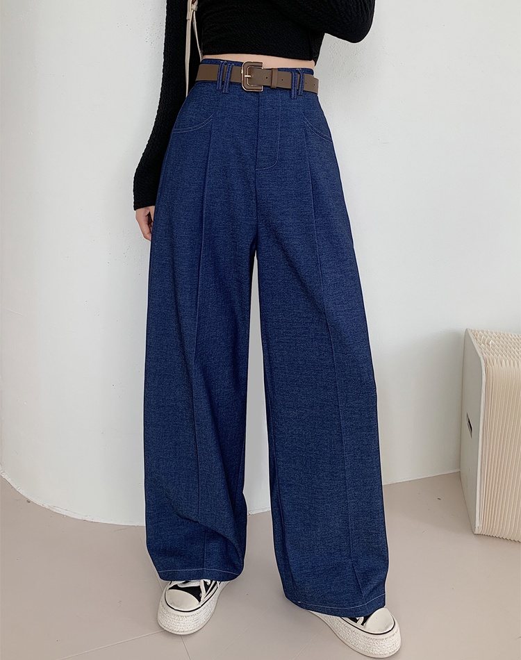 Denim crimp loose wide leg pants blue drape casual pants