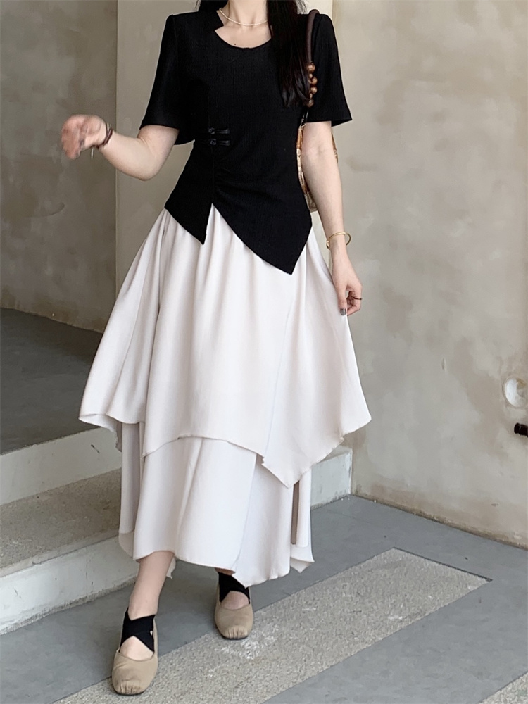 Chinese style tops pinched waist skirt 2pcs set for women