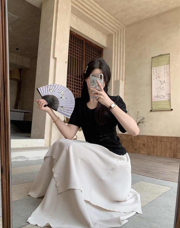 Chinese style tops pinched waist skirt 2pcs set for women