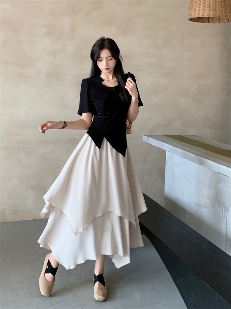 Chinese style tops pinched waist skirt 2pcs set for women