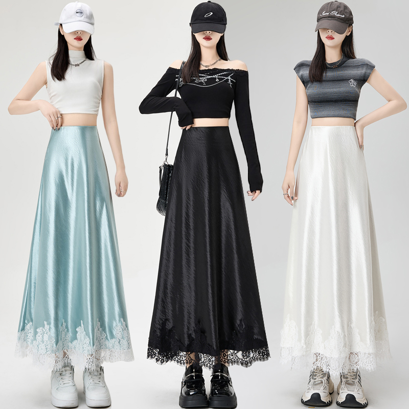 Package hip A-line skirt satin lace long skirt for women