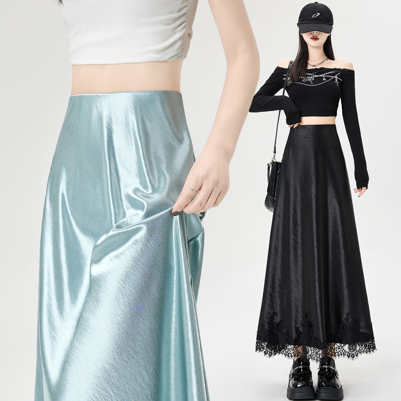 Package hip A-line skirt satin lace long skirt for women