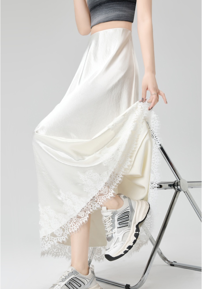 Package hip A-line skirt satin lace long skirt for women