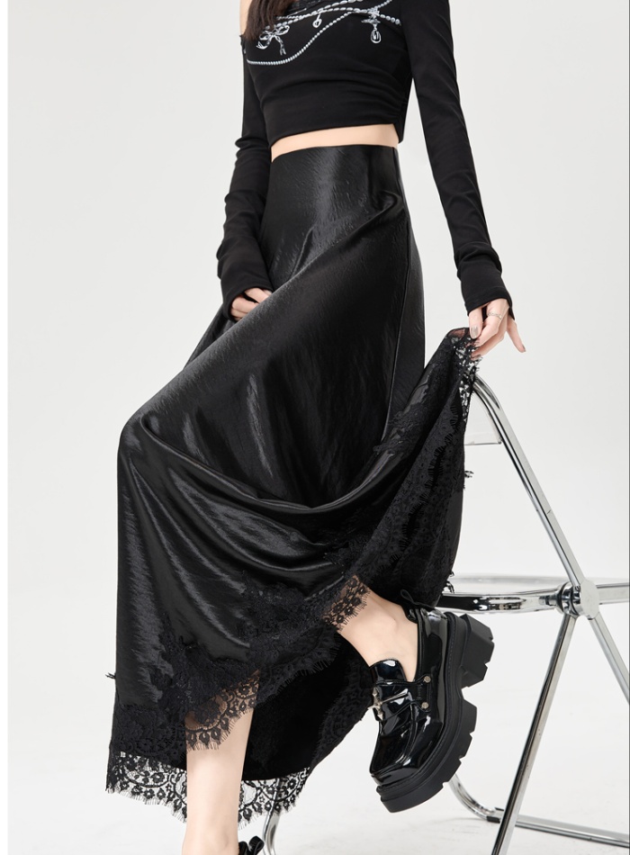 Package hip A-line skirt satin lace long skirt for women