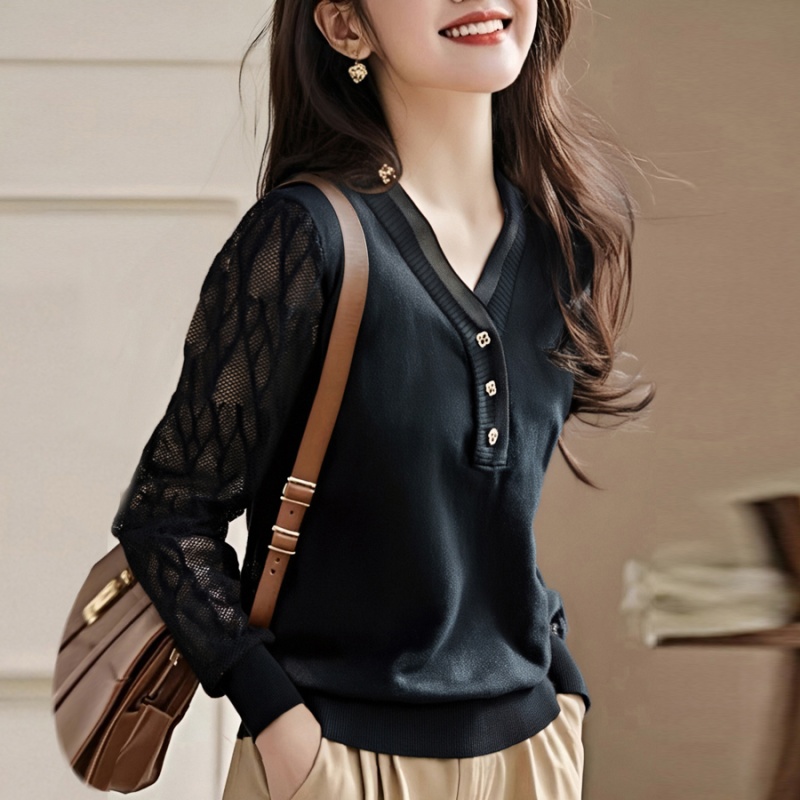 V-neck lace bottoming thin knitted tops for women