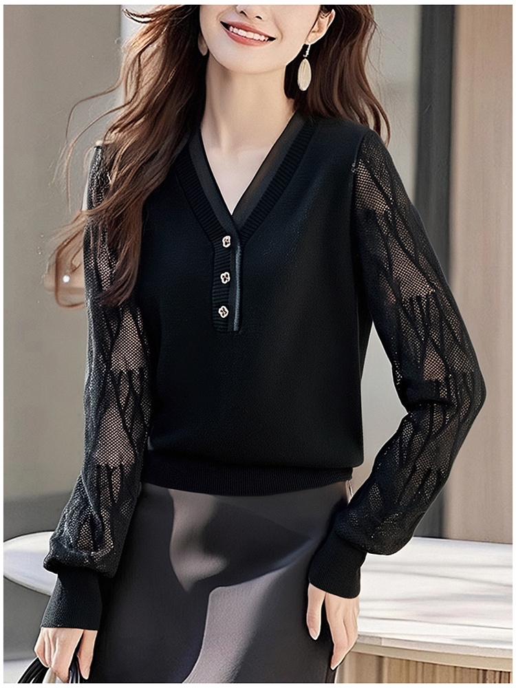 V-neck lace bottoming thin knitted tops for women