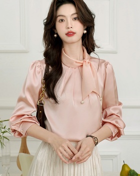 Tender satin bow shirt drape commuting spring tops for women