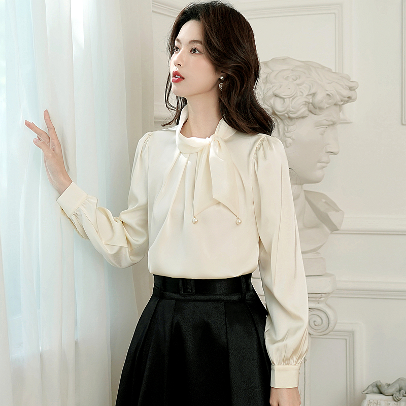 Tender satin bow shirt drape commuting spring tops for women