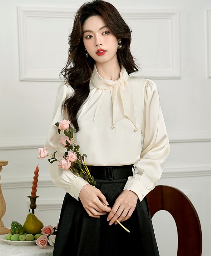 Tender satin bow shirt drape commuting spring tops for women