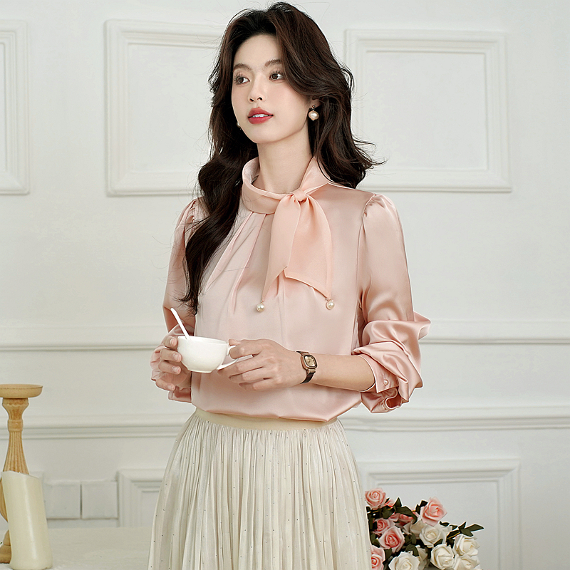 Tender satin bow shirt drape commuting spring tops for women