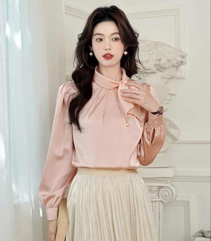 Tender satin bow shirt drape commuting spring tops for women