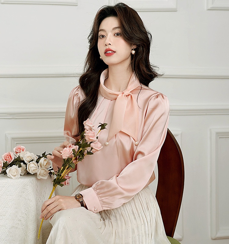 Tender satin bow shirt drape commuting spring tops for women