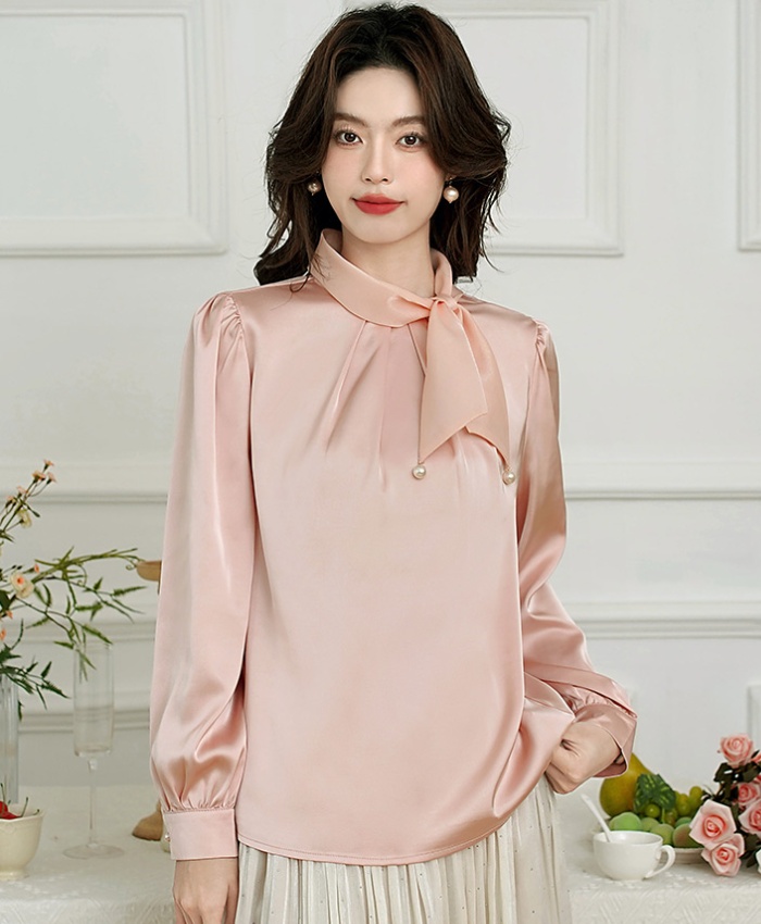 Tender satin bow shirt drape commuting spring tops for women