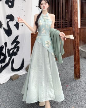 Silk linen Chinese style slim cheongsam halter sleeveless dress