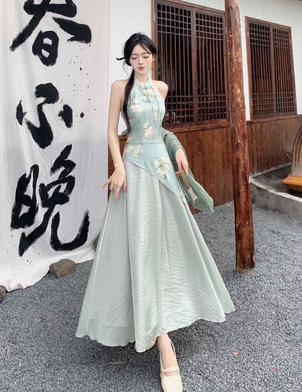 Silk linen Chinese style slim cheongsam halter sleeveless dress