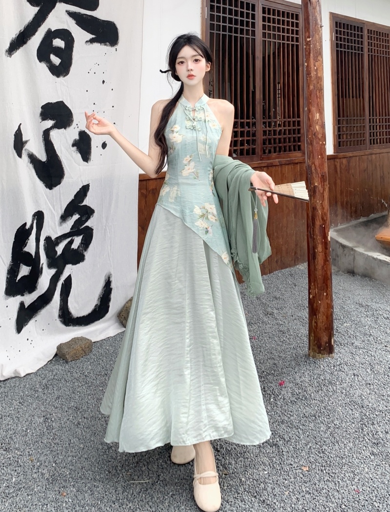 Silk linen Chinese style slim cheongsam halter sleeveless dress