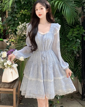 Refreshing short pinched waist floral long sleeve dress