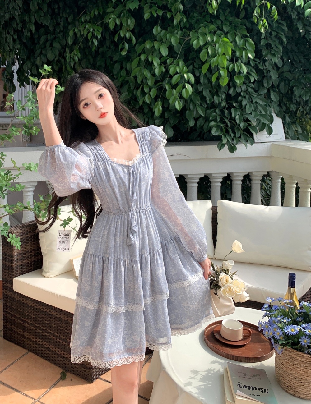 Refreshing short pinched waist floral long sleeve dress