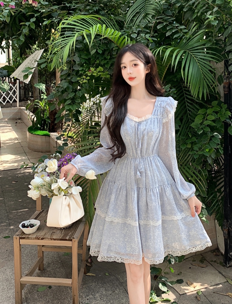 Refreshing short pinched waist floral long sleeve dress