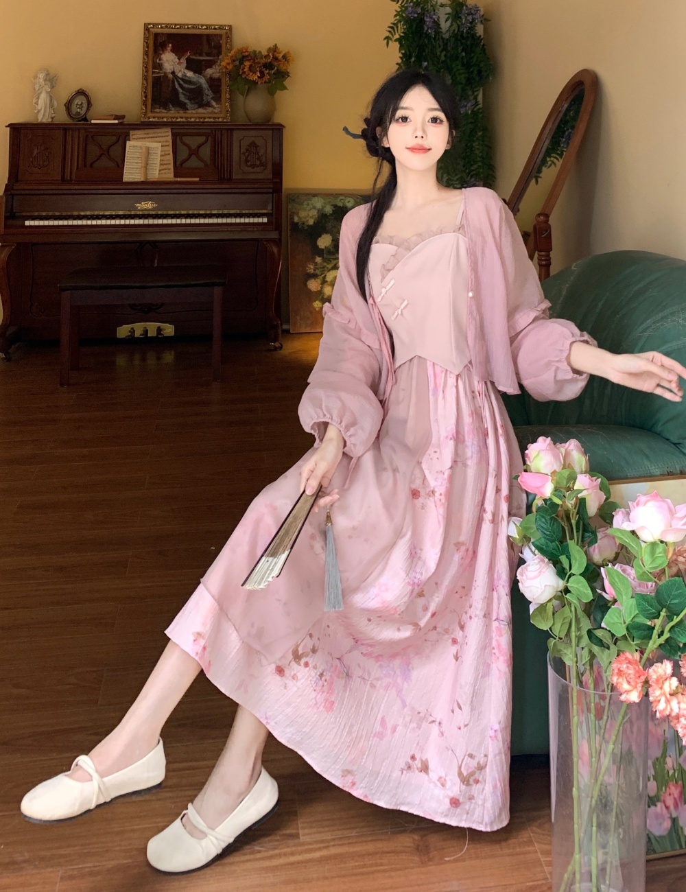 Slim spring and summer long temperament dress 2pcs set