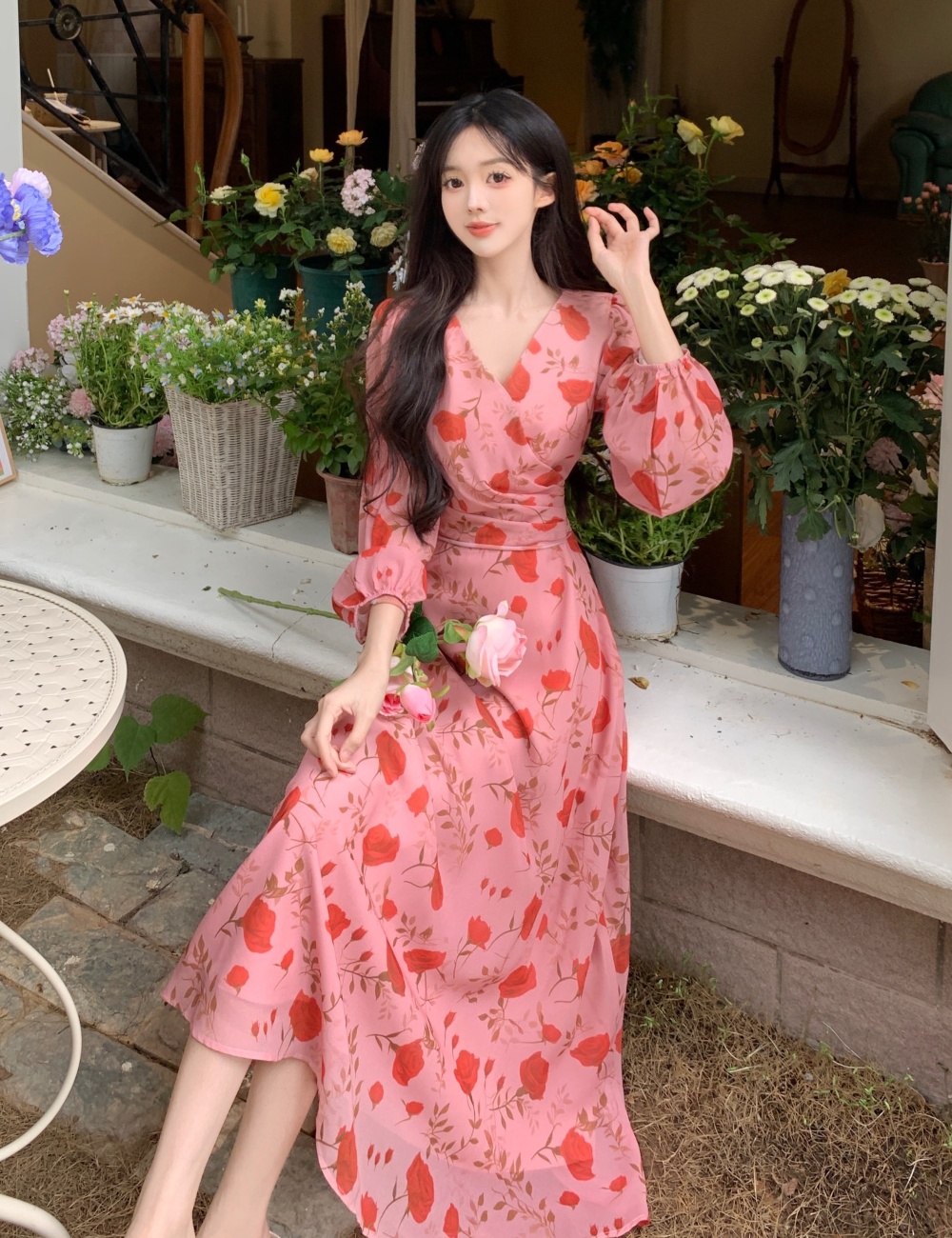 Retro long sleeve dress pinched waist long dress