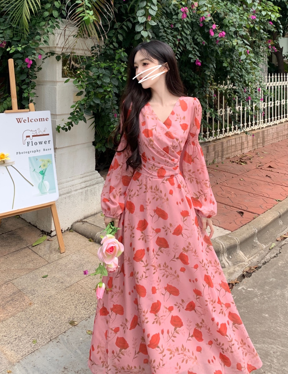 Retro long sleeve dress pinched waist long dress