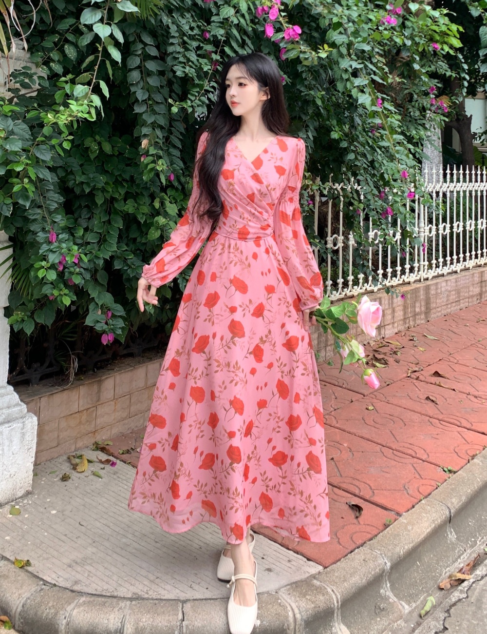 Retro long sleeve dress pinched waist long dress