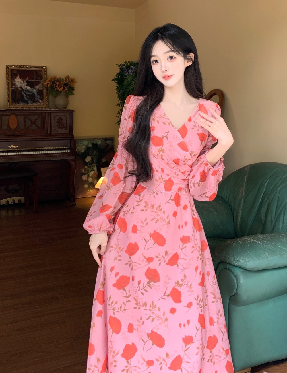 Retro long sleeve dress pinched waist long dress