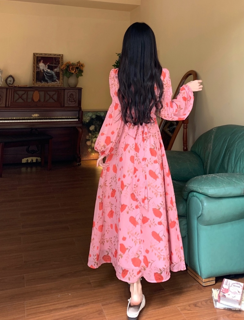 Retro long sleeve dress pinched waist long dress