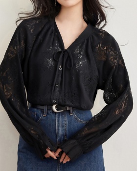 Vintage collar lantern sleeve spring lace shirt for women