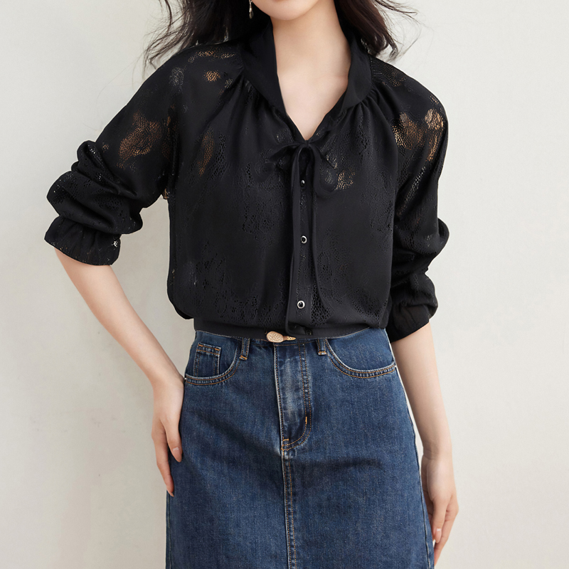 Vintage collar lantern sleeve spring lace shirt for women