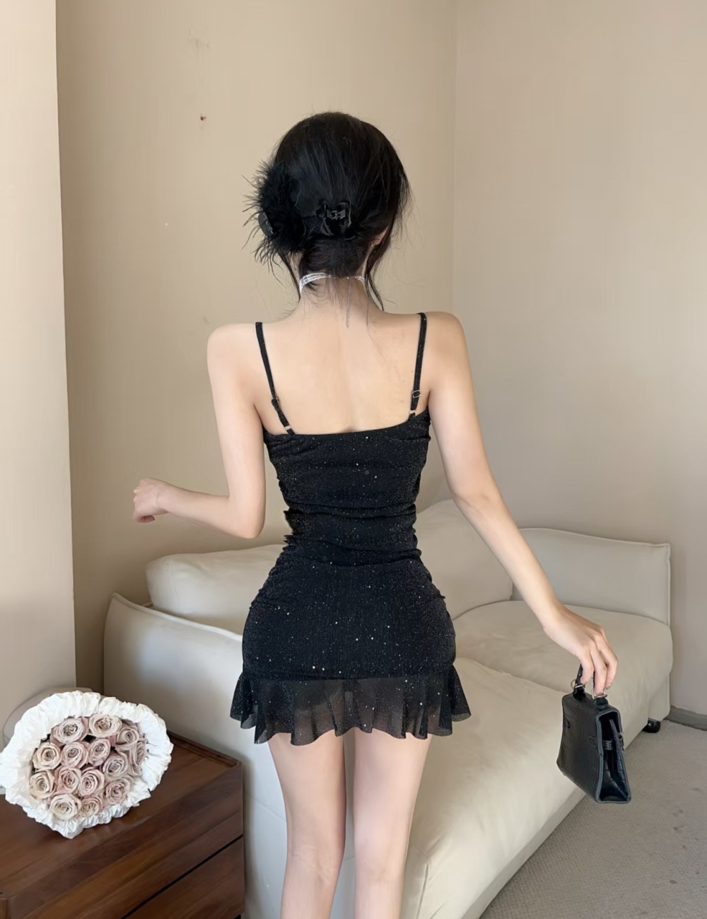 Lotus leaf edges gauze short sling low-cut sexy dress