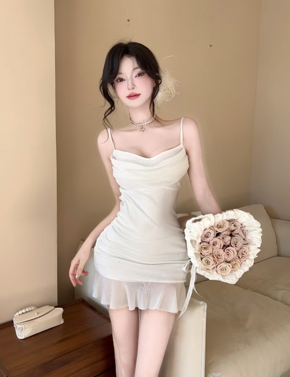 Lotus leaf edges gauze short sling low-cut sexy dress